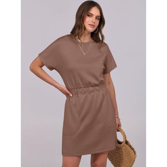 Anrabess Women Brown Crew Neck Elastic Waist Mini T Shirt Dress With Pocket - Picture 3 of 6